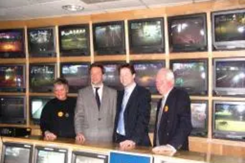 Nick Clegg with fellow Lib Dems at the CCTV control centre